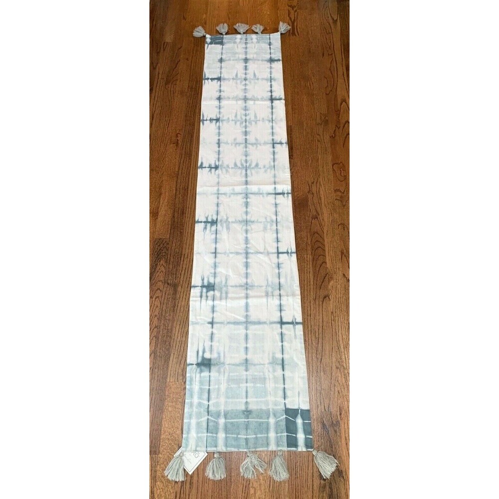 THRO Marlo Lorenz White & Blue-gray Tie-dyed table runner with tassels 16" x 80"